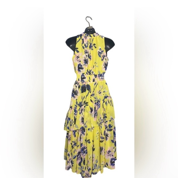Eliza J NWOT Women's 0 Floral Asymmetrical Tiered Ruffle Dress Bright Yellow - Picture 2 of 6